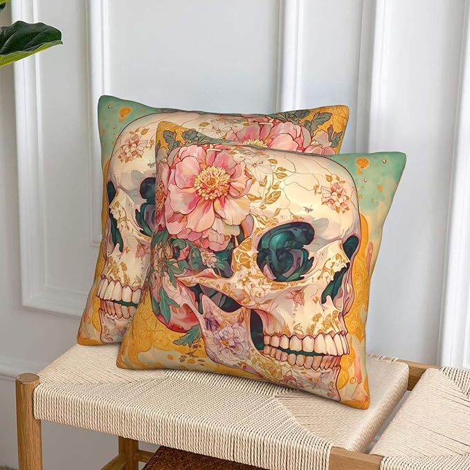 Skull Flower Throw Pillow Covers 18x18 inch Set of 2 Halloween Pillow Case Cushion Cover for Home Sofa Couch Living Room Car Decor
