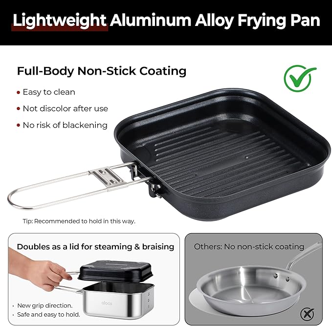 ALOCS Camping Cookware Set, Stainless Steel Pot, 7-inch Non-Stick Pan, Portable Kettle, Outdoor Cooking System with Carry Bag for Kitchen, Picnic, Hiking, Backpacking,Fishing and Campfire