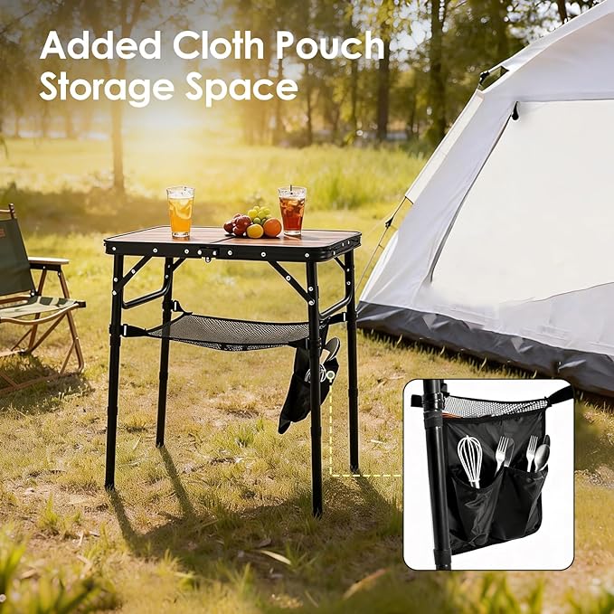 Folding Picnic Table 2ft Portable Camping Table with Extra Cloth Pouch Adjustable Heights Lightweight Aluminum Small Outdoor Card Table for Outside Indoor Camp Cooking BBQ