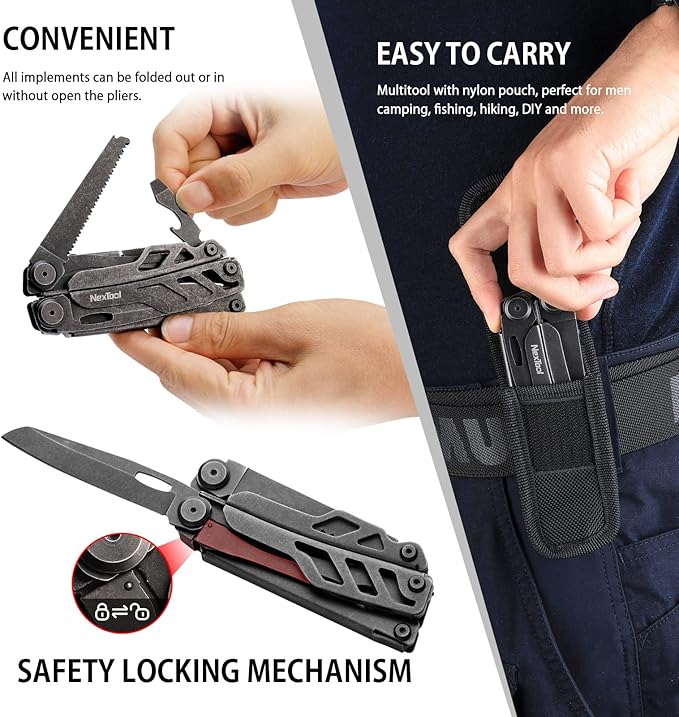 NexTool Heavy Duty Multitool Pliers with Pocket Scissors, Replaceable Wire Cutters, Nylon Sheath, Folding Multitool Knife with Safety Lock for Camping, Survival, Home Repair, DIY
