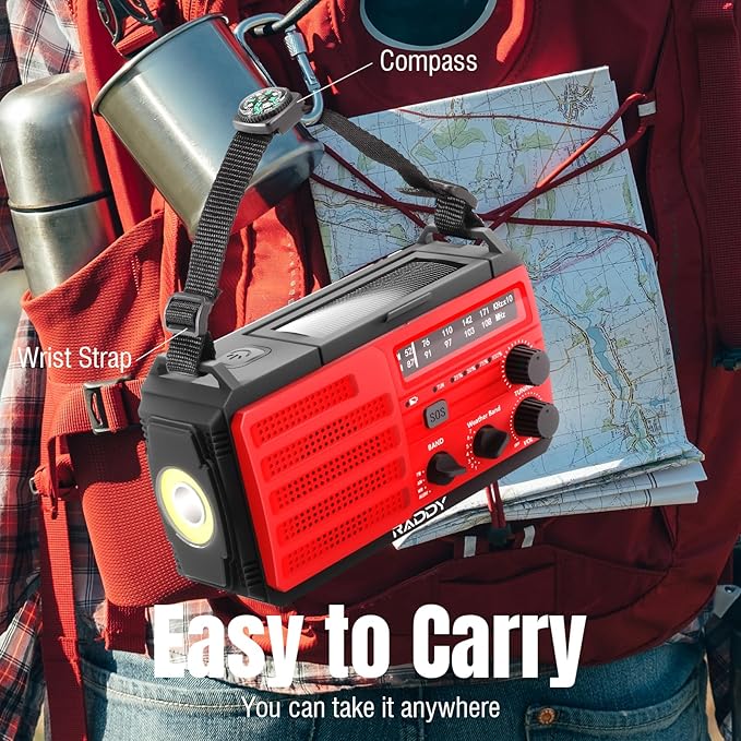 [37000mWh Battery] Raddy SW10 Emergency Radio, Hand Crank Solar, AM FM NOAA Radio with Rechargeable Battery Flashlight SOS Alarm Compass, Power Bank for Power Outage Camping Hurricane Outdoor
