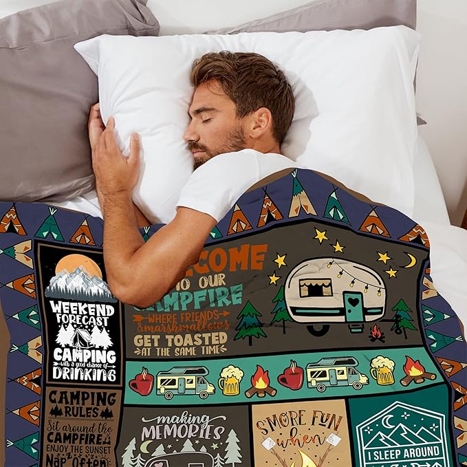 Camping Blanket Camping Lovers Gift Ideas for Men or Woman, Super Soft Throws Flannel Fleece Blankets Gifts for Camper Outdoor, Campsite Outdoors RV Travel Hiking Bed Sofa Couch 60"x50"