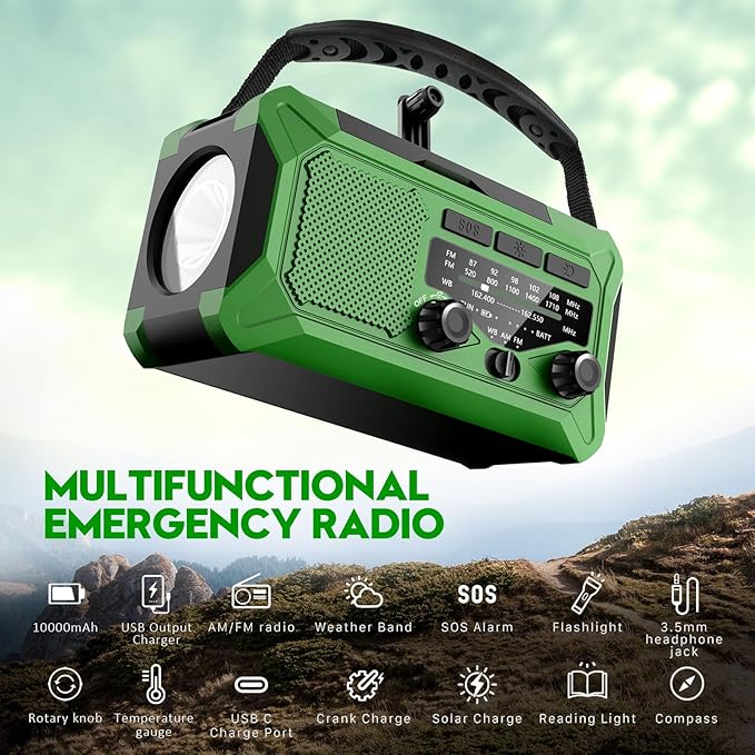 Emergency Hand Crank Weather Radio,Toolchums 10000mAh AM/FM/NOAA Solar Powered Radio with Phone Charger, USB Charged, LED Flashlight Reading Lamp Headphone Jack, SOS Alarm