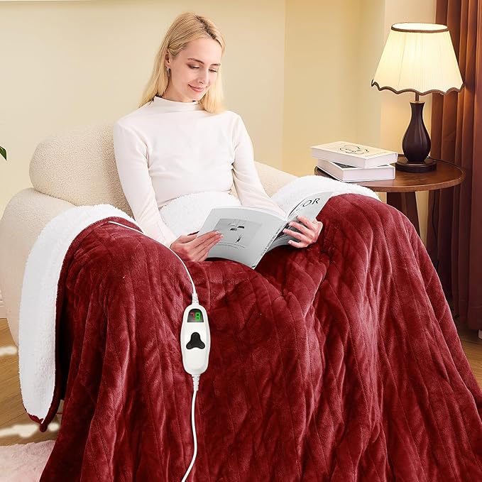 greenoak Heated Blanket Electric Twin 62"X84", Heating Blanket with 10 Levels 1/2/4/6/8 Hours Auto-Off, Flannel Sherpa Soft Warm Heater Christmas Blanket,Red
