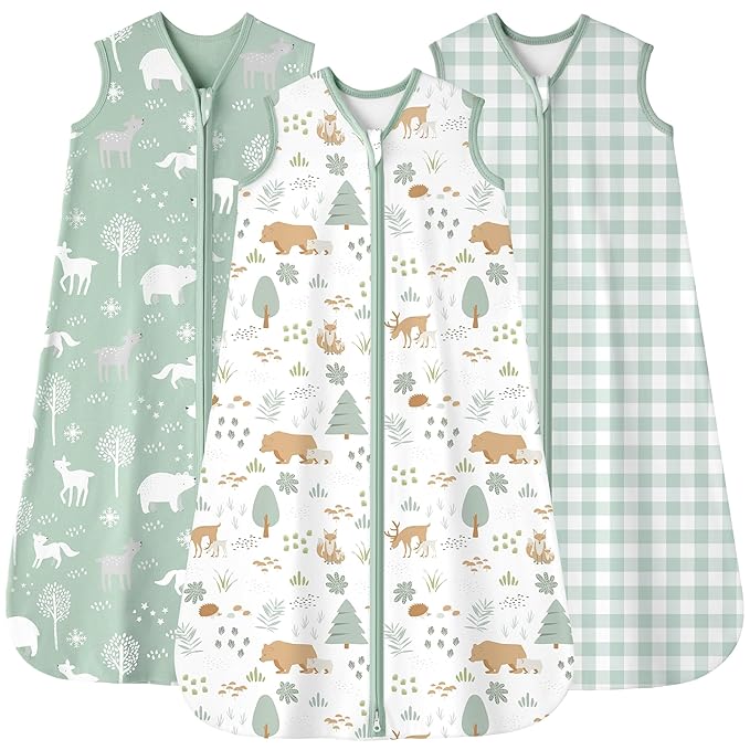 Baby Sleep Sack 12-18 months, 100% Cotton Sleeping Sack for Toddler, 3 Pack Baby Wearable Blanket, 0.5 Tog Lightweight Double Zipper Sleep Bag Large Green Forest Bear