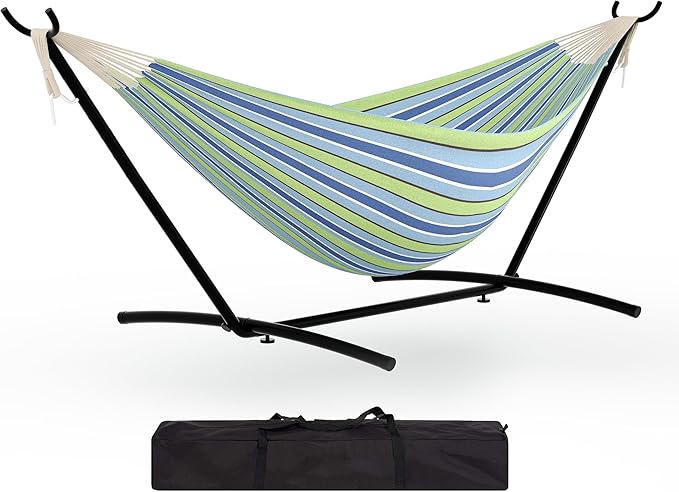 Garvee Instant Setup Hammock with Reinforced Steel Frame, Portable Outdoor Hammocks for Garden Camping, Heavy Duty Garden Yard Outdoor 350 LBS Capacity, Blue Green Stripes
