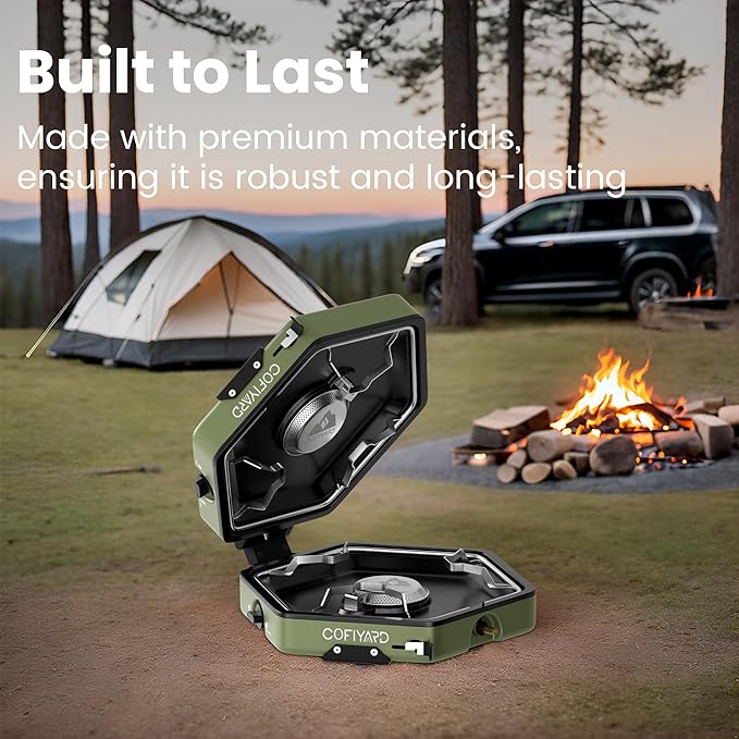 Cofiyard Propane 2-Burner Camping Stove with Carrying Bag and Gas Stove Pressure Regulator, Camping Essentials Folding Camp Stove with Flick-Style Ignition for Backpacking, Outdoor Cooking, Tailgating