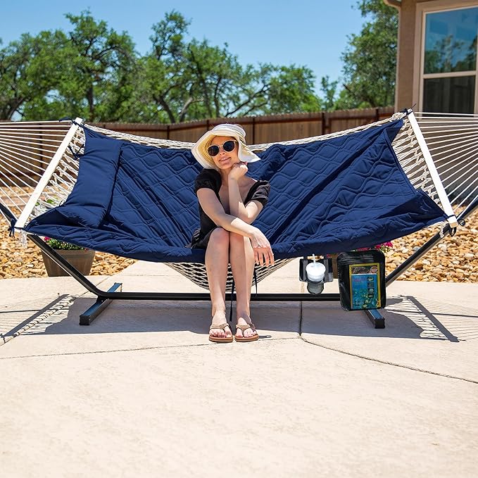 SUNCREAT Two Person Hammock with Stand, Heavy Duty Backyard Hammock and Stand, Navy Drops