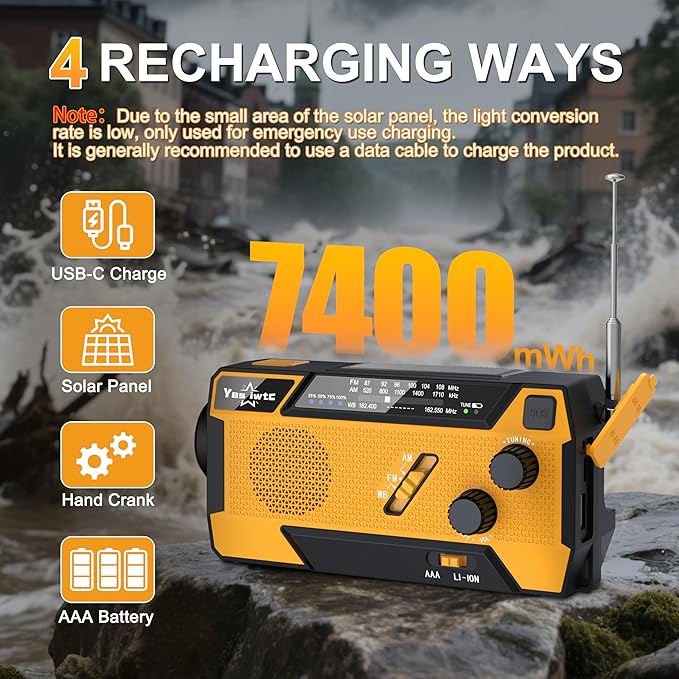 Hand Crank Emergency Radio 7400mWh (2000mAh) Solar Hand Crank Radio Built in 3 Charging Cables AM/FM/NOAA Weather Radio Battery Operated Hand Crank Charger for Emergency Supplies Survival Gear