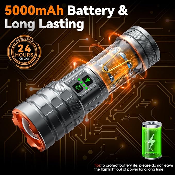 ADDplus Camping Flashlights,90000 Lumens 5000mAh Super Bright High Lumens Rechargeable Flashlight with 11 Modes,Waterproof,Adjustable LED Multi-Flashlight for Car,Outdoor,Camping,Walking,Tactical