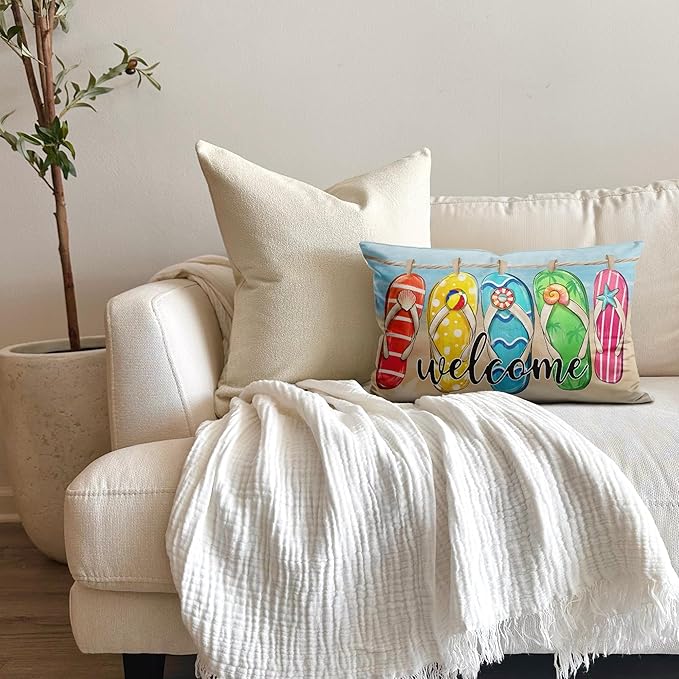 Welcome Summer Flip Flop Colorlife Beach Throw Pillow Cover 20x12, Summer Beach Decorative Pillow Case for Sofa Couch Bed Living Room Bedroom Decor,136-BZ