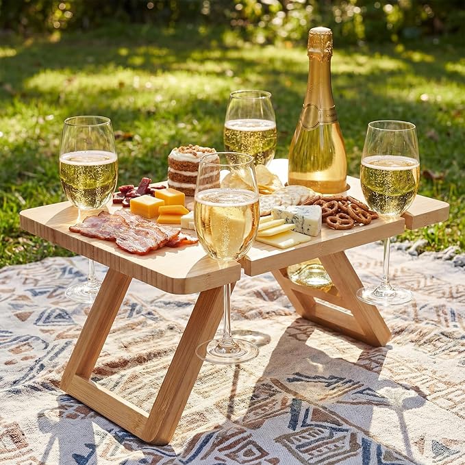 Bamboo Wine Picnic Table, Foldable Portable Charcuterie Tray with Bottle Slot and 4 Glass Holders, 15.6 x 11.7 x 7.5 in, for Beach, Park, Camping