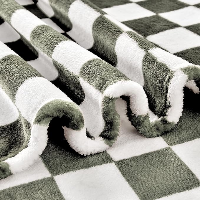 Edenleaf Checkered Blanket Flannel Throw Blankets Soft Cozy Checkered Grid Print Chessboard Gingham Pattern Throws for Bed Sofa Couch for All Seasons, 50x60 Inch, Dark Olive