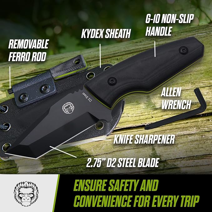 Holtzman's Gorilla Survival Tanto Fixed Blade Neck Knife with Kydex Sheath & Ferro Rod (Black+Green) - Ideal for Outdoor Activities and Everyday Carry