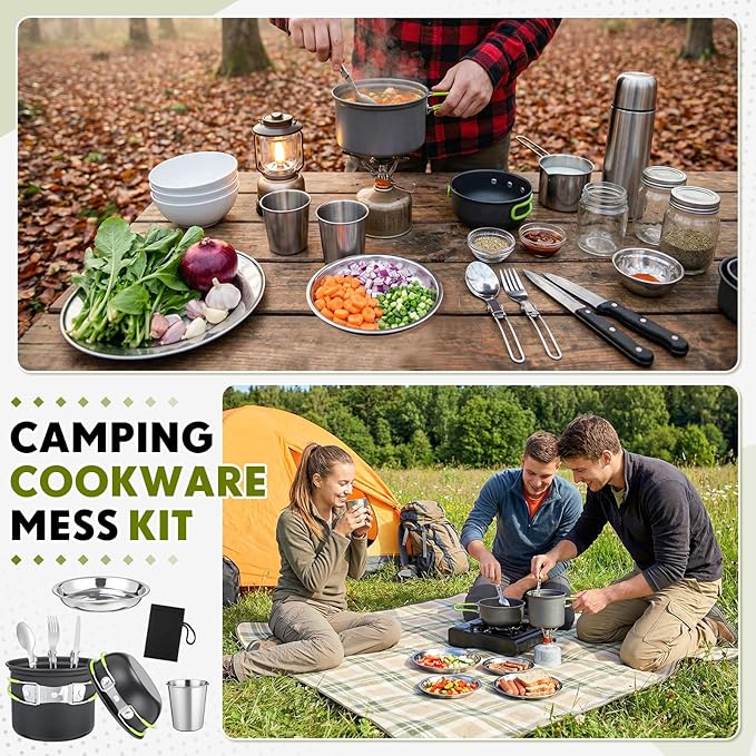 18 Pcs Camping Cookware Mess Kit, Lightweight Pot Pan Mini Stove 2 Set Stainless Steel Cups Plates Forks Knives Spoons Backpacking Cooking Set for Camping, Hiking, Backpacking and Picnic