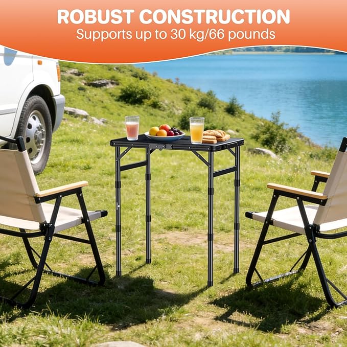 FUNYKICH Camping Table with Plastic Tabletop L22.8''xW15.7'', 3 Height Adjustable Small Folding Table, Lightweight Aluminum Portable Picnic Table with Carry Handle for Camping, Beach, Picnic, Black