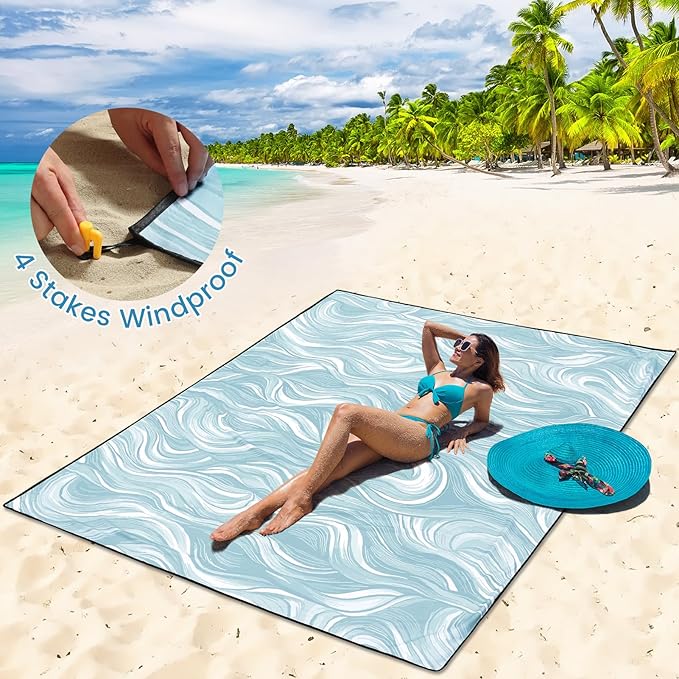 HIHOHO Beach Blanket Waterproof Sandproof Beach Mat for 1-8 Adults Quick Drying Durable Outdoor Picnic Mat for Beach Festival Travel Camping Hiking (Ocean Wave-Dark BL, 79"×83"(4 Person))