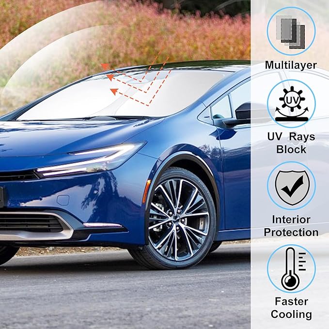 Windshield Sun Shade Custom Fit 2023 2024 2025 2026 Toyota Prius Accessories Foldable Sunshade Sun Blocker Front Window Shades Covers Keep Car Cooler