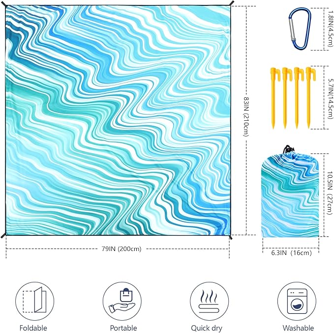 HIHOHO Beach Blanket Waterproof Sandproof Beach Mat for 1-8 Adults Quick Drying Durable Outdoor Picnic Mat for Beach Festival Travel Camping Hiking (Wave-Gradiant BL&GN, 79"×83"(4 Person))