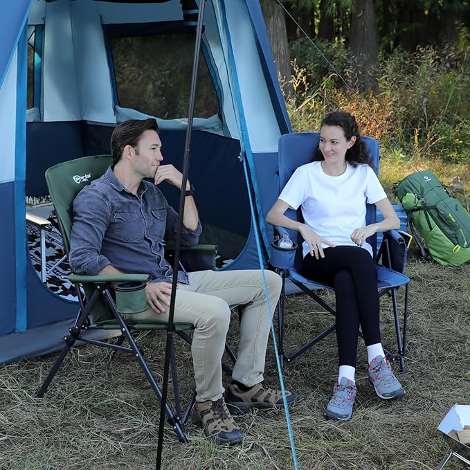 Portal Oversized Folding High Back Portable Lawn Chairs for Adults Outdoor Camp Sports Hunting Fishing Backyard with Hard Armrest Cup Holder Carrying Strap, Supports 400LBS, Green