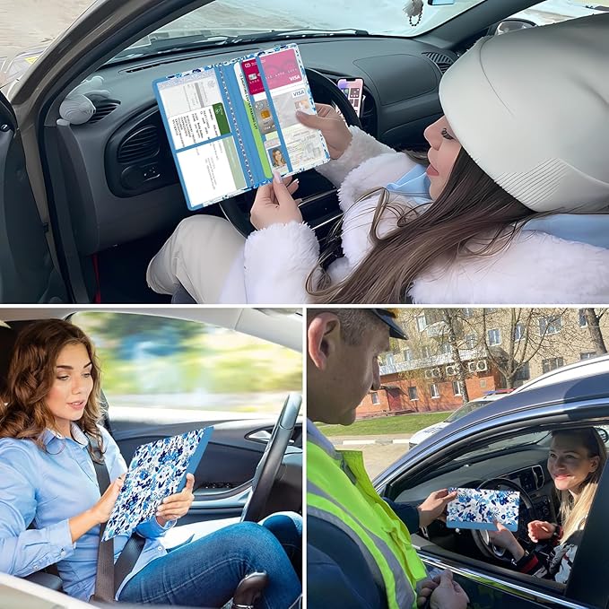 Car Registration and Insurance Holder, with Magnetic Closure for License, Cards and Documents, All Vehicle Needs and Car Accessories (Flower-Blue)
