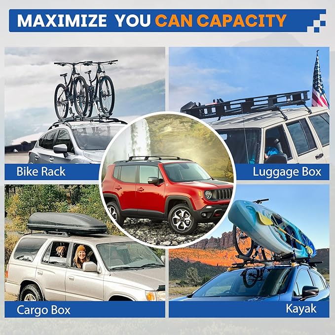 300LBS Roof Rack Cross Bars Compatible with Jeep Renegade 2015-2024, Heavy-Duty Aluminum Locable Crossbars Roof Rails Rooftop Cargo Basket Carrier Bag Luggage Canoe Kayak Bike