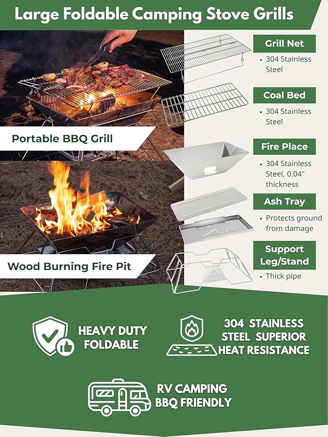 CAMPINGMOON Large Portable Campfire Fire Pit BBQ Grill Stainless Steel Foldable Collapsible Wood Burning Charcoal Grill for Heavy Duty Outdoor Cooking RV Camping, 20x13-inch, Carry Bag included MT-3