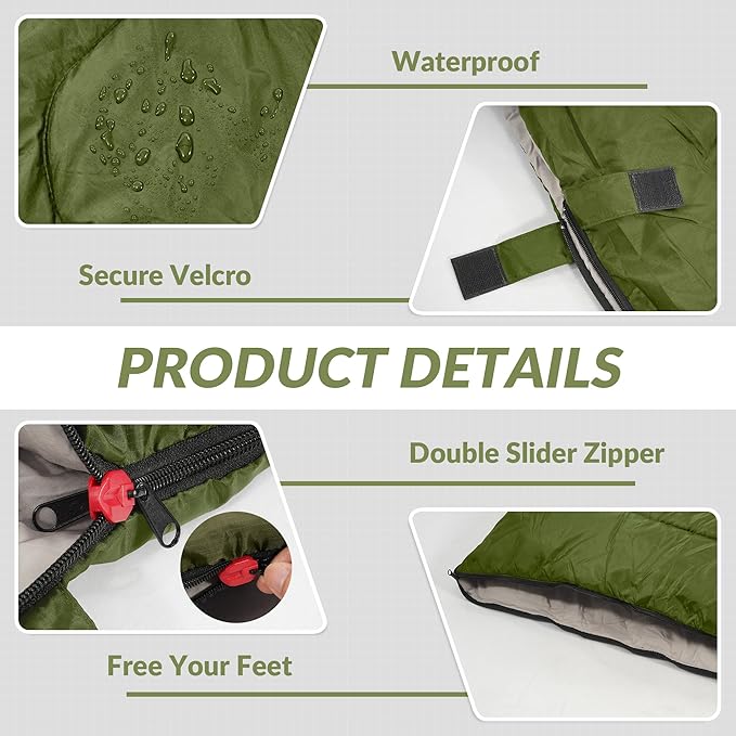 Elevon Sleeping Bag for Adults Teens Kids Cold Warm Weather, Portable Waterproof & Lightweight, Compact with Compression Sack, for 3-4 Seasons Camping, Backpacking, Hiking, Travel, Indoors Outdoors