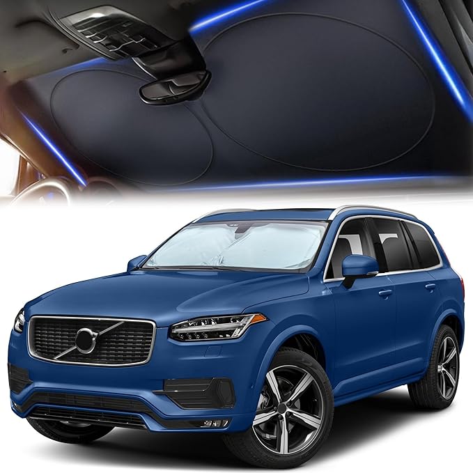 Car Sun Shade Windshield - 280T Reflective Polyester Sunshade, Medium Plus (64" x 33.5"), Blocks 99% UV Rays and Heat, Keeps Car Interior Cool, Foldable with Storage Bag, Compatible with Cars and SUVs