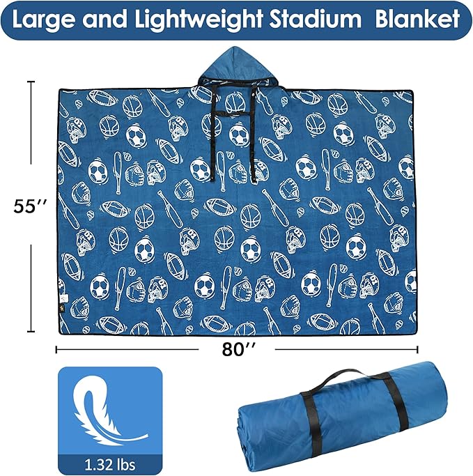Catalonia Waterproof Stadium Blanket, Windproof Wearable Poncho for Football Sideline & Sports Events for Fans, Portable, Durable Outdoor Blanket for Camping & Tailgating