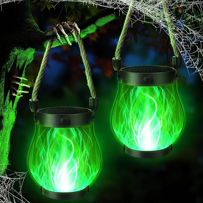 iBaycon 2 Pack Solar Lanterns Lights, Halloween Flickering Flame Garden Lights with 2 Modes Dual Charging USB & Solar, Outdoor Waterproof Hanging Lantern for Party Holiday Halloween Decor (Green)