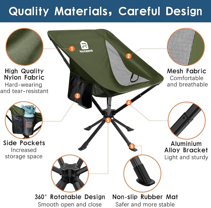 Raynesys Portable Camping Chair 1 Pack, 8 Seconds Quick Setup Folding Camping Chair, Flexible 360° Rotation, 3.8Lb Lightweight Travel Chairs for Easy Carry to Hiking, Sporting, Beach, Army Green