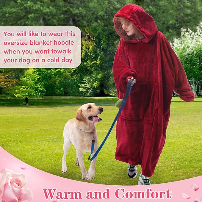 Waitu Wearable Blanket Sweatshirt for Women and Men, Super Warm and Cozy Giant Blanket Hoodie, Thick Flannel Blanket with Sleeves and Giant Pocket - Red