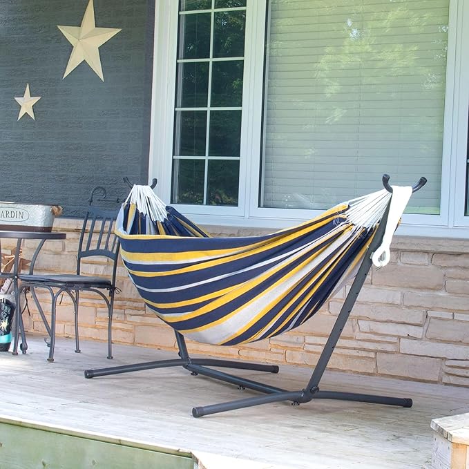Vivere Double Cotton Hammock with Space Saving Steel Stand, Upgraded Polyester End Strings 450 lb Capacity - Premium Carry Bag Included (Serenity)