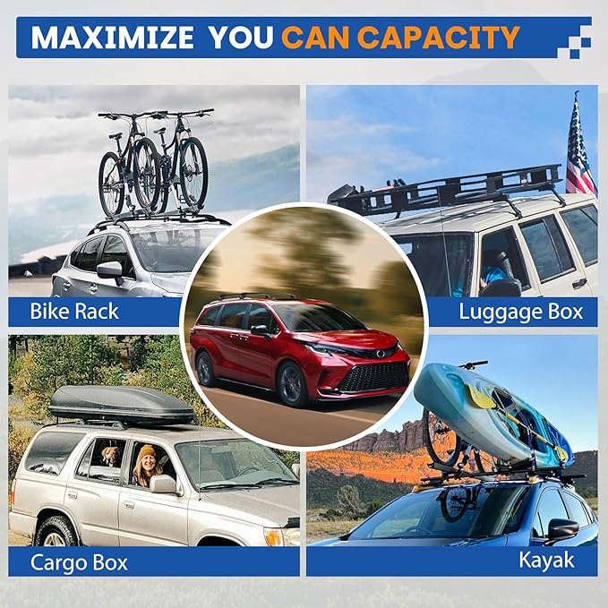 300LBS Roof Rack Cross Bars Compatible with Toyota Sienna 2021-2026 Heavy-Duty Aluminum Crossbars Lockable Roof Rails Rooftop Cargo Basket Carrier Bag Luggage Canoe Kayak Bike