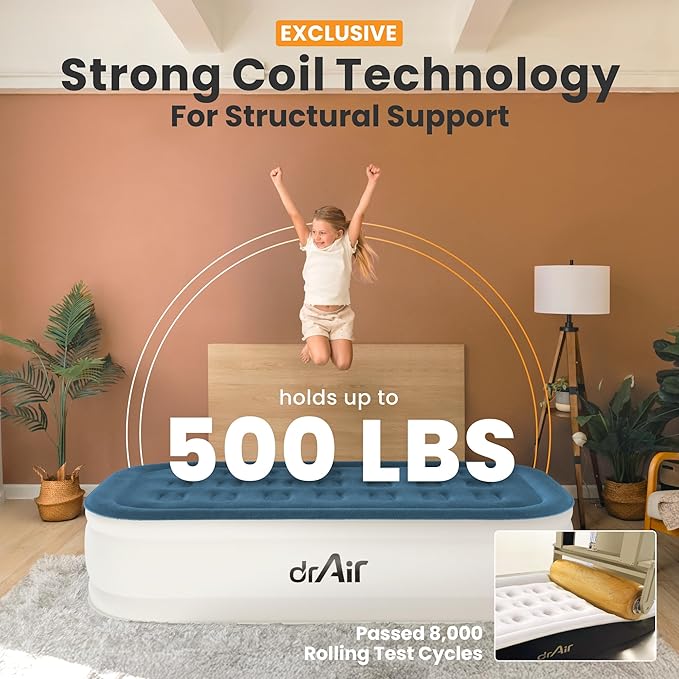 Dr. air Twin Air Mattress with Built-in Pump, 18" Raised Blow Up Mattress, 500 lbs Max Honeycomb Air Bed, 48Hr Leak-Proof Test, 3min Inflatable Mattress for Home, Guests, Camping, Colchones inflables
