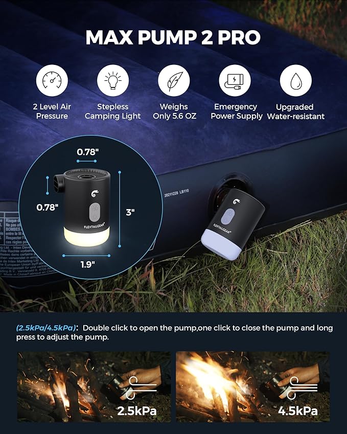 FLEXTAILGEAR 4.5kPa Air Pump for Inflatables, Portable Air Pump with Led Light, 3600 mAh Rechargeable Battery Air Mattress Pump Inflator Pump for Pool Floats Boats Sleeping Pads Inflatable Toys