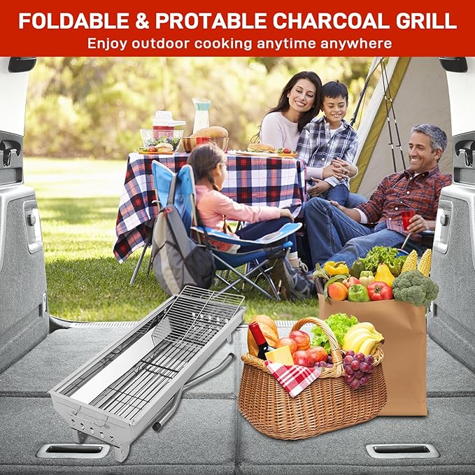 Outvita Portable Charcoal Grill, 28x 13 x 27" Foldable Barbecue Grill, Stainless Steel BBQ Grill for Outdoor Cooking Camping Hiking Picnic Garden Beach Party