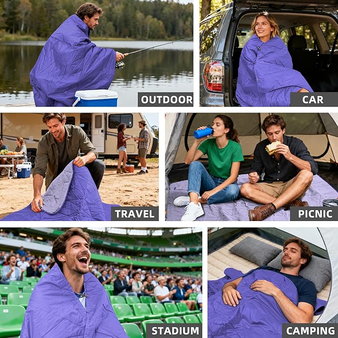 Large Outdoor Waterproof Blanket Extra Thick Fleece Stadium Blanket for Camping, Car, Pet, Picnics - Windproof, Wearable, Machine Washable 80" x 58" (Purple,Hooded)
