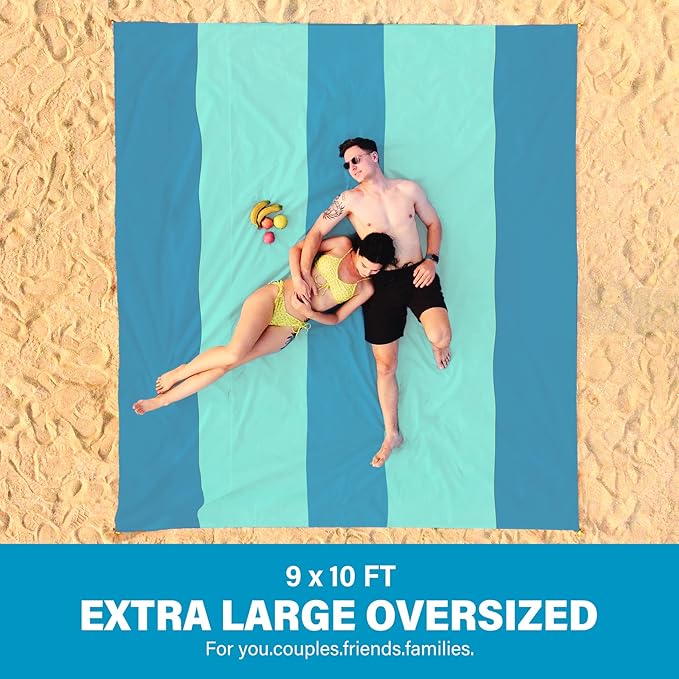 Famstar Beach Blanket Oversized Extra Large 10'X 9',Waterproof Sandproof Beach Blanket 2-8 Adults Lightweight Durable for Travel Camping Hiking Picnic (10'X 9', Green&White)