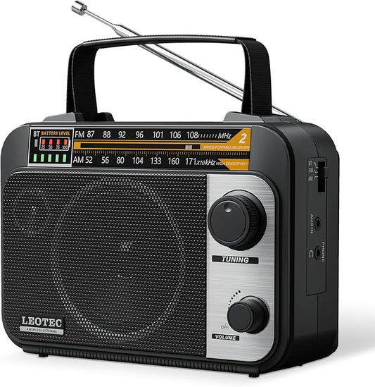 LEOTEC AM FM Radio with Bluetooth,Portable Vintage Transistor Radio Rechargeable Battery/4 AA Cell Battery Operated/Plug in Wall,AUX,Big Speaker,Headphone Small Gifts for Senior