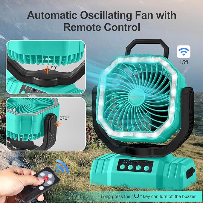 Odoland Portable Camping Fan with LED Lantern, 20000mAh Rechargeable Battery Powered Fan with Auto Oscillation, Timer, Remote, 360° Rotation Hook, 4 Speeds for Power Outage Travel Home,Cayan