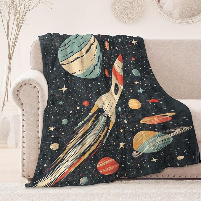 Retro Rocket Ship Blanket, Cozy Flannel Colorful Planets and Stars Throw Blanket, Soft Fuzzy Blankets for Travel Decor, All Season Lightweight Couch Bed Cover, Gifts for Women Kids 40"×50"