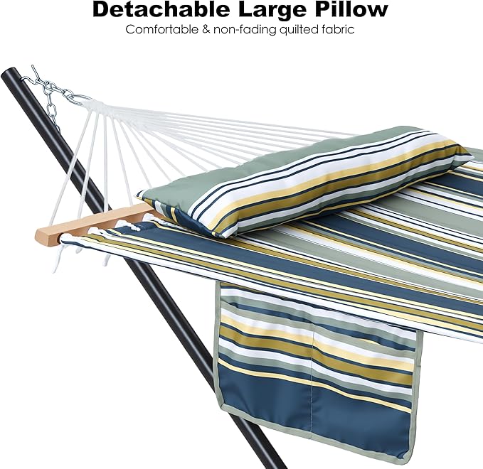 GAFETE 2 Person Hammock with Stand for Outside, Heavy Duty Steel Stand, Double 55inch Hammocks, Large Removable Pillow, Storage Bags, Max 475 lbs Capacity (Ridge Olive Green)