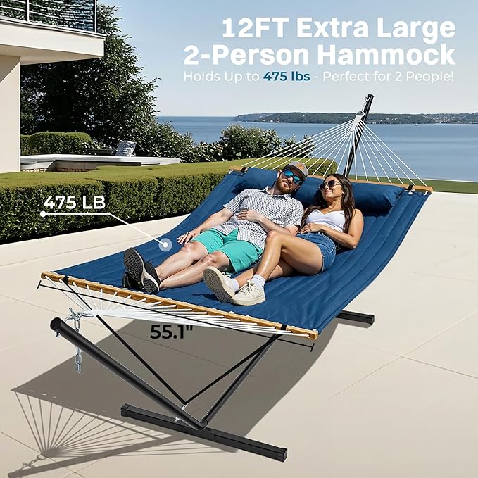 SUPERJARE Hammock with Stand, 2 Person Quilted Outdoor Hammock, Detachable Pillow & Bamboo Spreaders, Portable Hammock with Carrying Bag, Heavy Duty Stand, Perfect for Outside, Patio, Navy Blue