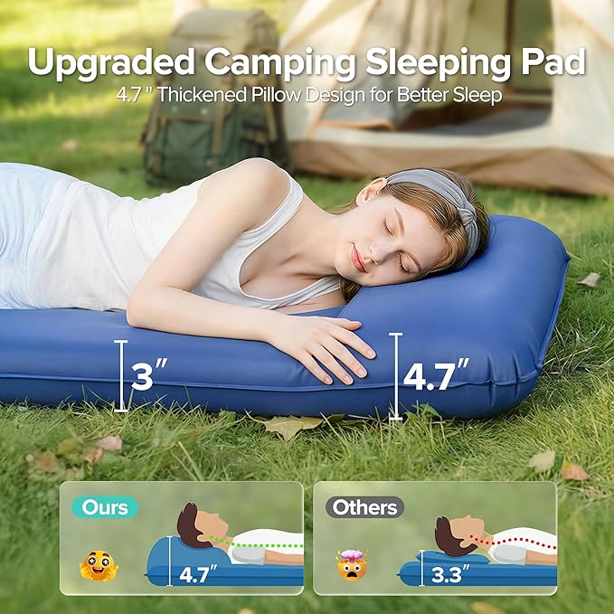 Self-Inflating Sleeping Pad for Camping, 3" Ultra-Thick Outdoor Camping Mat with Pillow & 9.5 R-Value, Insulated All-Season Foam Camping Mattress for Camping Travel Tent Car