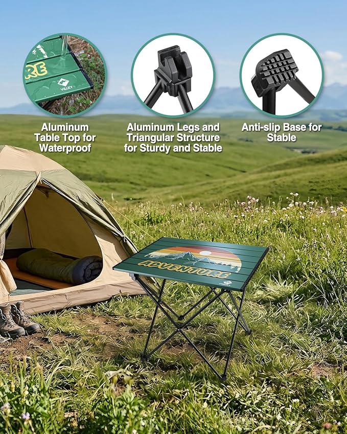 VILLEY Portable Camping Side Table, Ultralight Aluminum Folding Beach Table with Carry Bag for Outdoor Cooking, Picnic, Camp, Boat, Travel