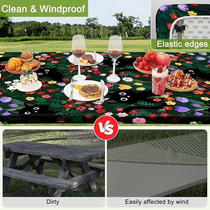 Picnic Table Cover with Bench Covers Portable Table Cloth Built-in Storage Pocket Fitted Tablecloth with Elastic Edges Waterproof Camping Essentials for Indoor Outdoor Rv,72in,Green Black