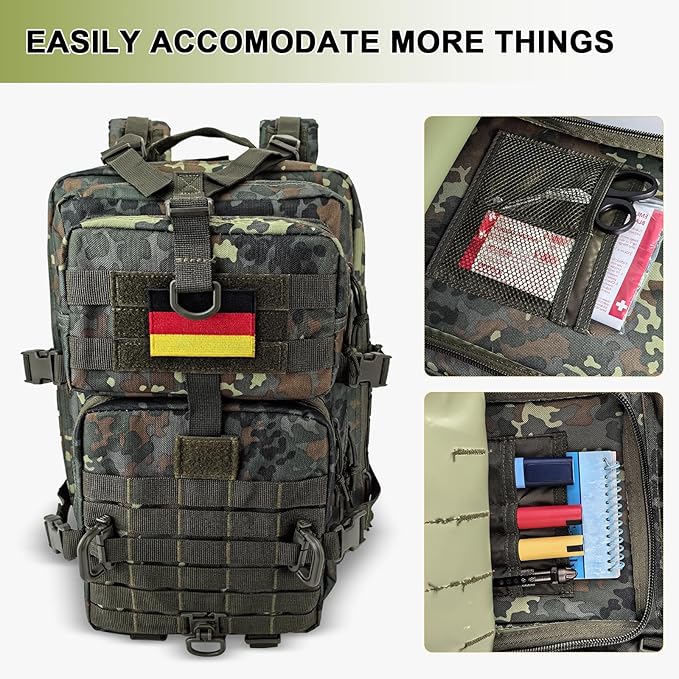 Hannibal Tactical MOLLE Assault Backpack, Tactical Backpack Military Army Camping Rucksack, 3-Day Pack Trip w/USA Flag Patch, D-Rings, Flecktarn
