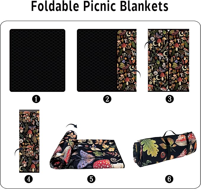 Supfitness Extra Large Picnic Blankets Waterproof Foldable (80"x 80") Mushroom Beach Blanket Waterproof Sandproof,3-Layer Thicking Mat Outdoor Packable Camping Blanket